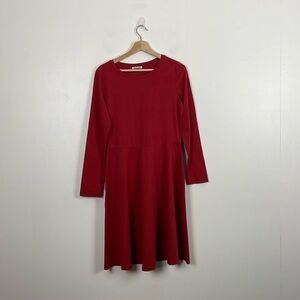 Vetior Womens L Long Sleeve Fit Swing Midi Stretch Burgundy Red Casual Dress